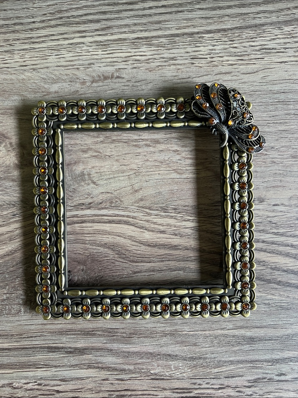 Ornate Gold Floral and Butterfly Accent Picture Frame with Amber Stones 4x4